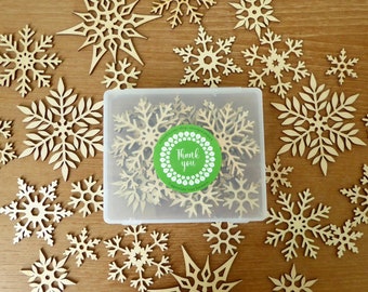 25 fine quality laser cut wood snowflakes in a reusable plastic box,   1 1/4 to 3 1/2 inches wide for crafting, scrapbooking, holiday decor