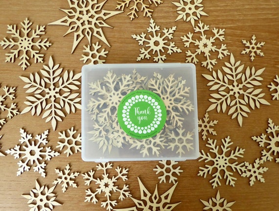 25 Fine Quality Laser Cut Wood Snowflakes in a Reusable Plastic Box, 1 1/4  to 3 1/2 Inches Wide for Crafting, Scrapbooking, Holiday Decor 