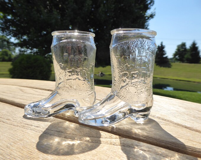 Two Jim Beam Glass Cowboy Boot Shot Glasses in Perfect Condition, His