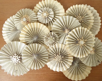 Seven handmade vintage book paper ornaments in various styles, 3 1/2 - 6 1/2 inches across - Order with or without snowflakes