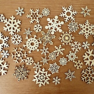 Laser Cut Wood Snowflakes, Mixed Sizes, Set of 36