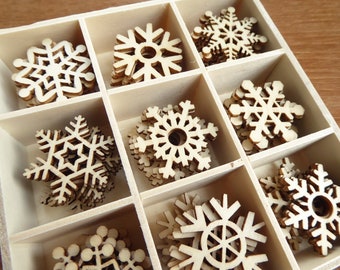 Box of 72 1 1/4 inch wood snowflakes, unfinished laser cut snowflakes in wood box