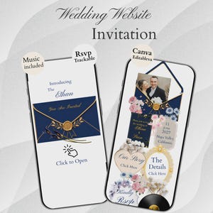 May include: Two smartphones displaying a digital wedding website invitation. The screens feature navy blue envelopes with gold wax seals, floral accents, and text including "Introducing The Ethan," "Our Story," and "The Details" with clickable buttons.