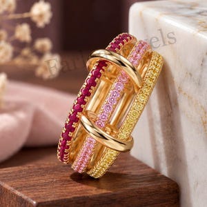 Multi-Color Linked Galaxy Ring, 3 Band Interlocking Pavé Ring,Ruby And Sapphire Eternity Bands, Connected Rolling Ring Gift for Her.