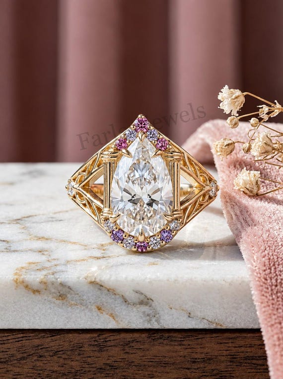 Unique Pear Cut Moissanite Engagement Ring, Vintage Art Deco Yellow Gold Ring, Pink Sapphire & Purple Amethyst Halo Wedding Ring for Women.