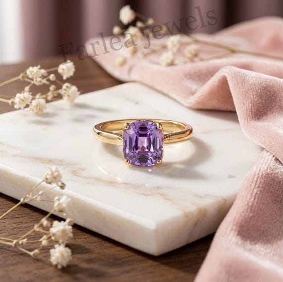 Purple Amethyst Cushion Cut Ring, Gold Tone Gemstone Statement Jewelry