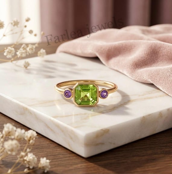 Emerald Cut Peridot & Amethyst Three Stone Bezel Ring, Gold, Sterling Silver