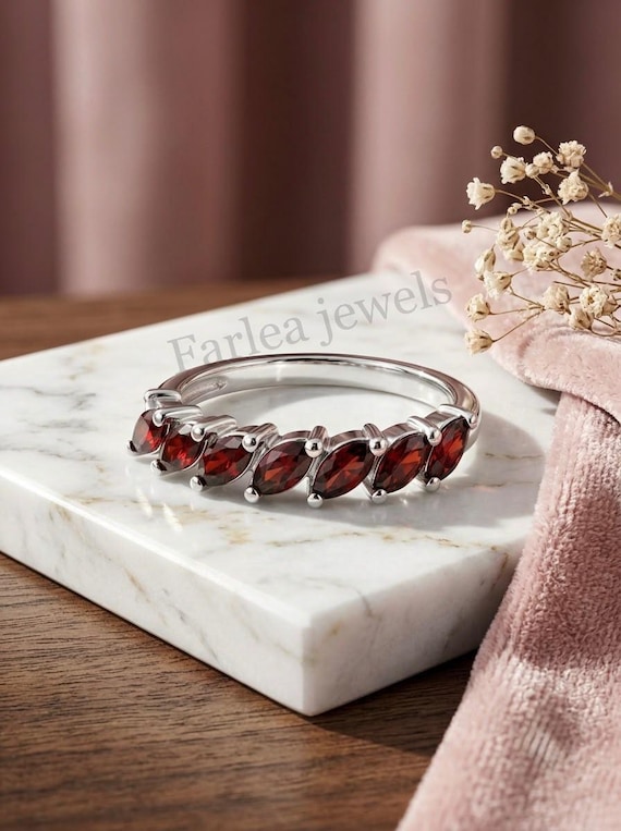 Natural Hessonite Garnet Ring, Marquise Cut Gemstone Band, 925 Silver Ring, Unique Anniversary Gift for Her, January Birthstone Ring.