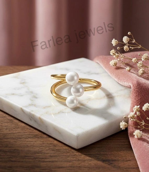 Triple Pearl Open Ring, 14K Gold Plated, Minimalist Sculptural Cuff (Handcrafted)