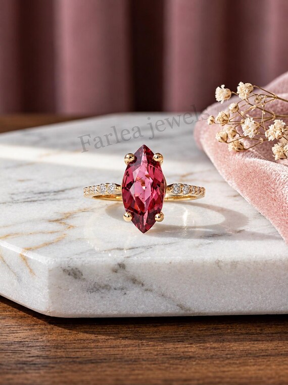 Marquise Ruby Engagement Ring, Vintage 14K Gold Navette Cut Ring, Dainty Red Gemstone, Art Deco Pave Moissanite Band, Unique Gift For Her.