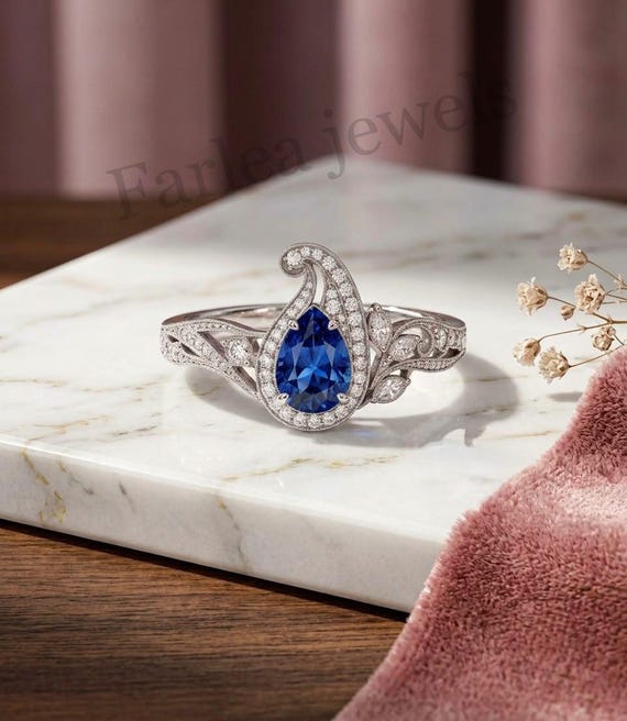 Blue Sapphire Pear Ring, Artistic Openwork Design, Statement Cocktail Jewelry
