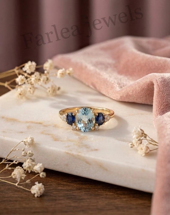 Oval Aquamarine Sapphire Cocktail Ring, Gold Tone Moissanite Accents