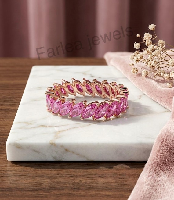 Handmade Marquise Pink Sapphire Eternity Band, Rose Gold Stacking Ring