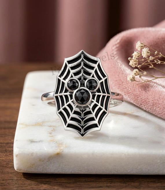 Gothic Spider Web Ring, 925 Sterling Silver Black Onyx Ring, Halloween Spooky Spiderweb Statement Ring, Dark Academia Jewelry, Gift For Her