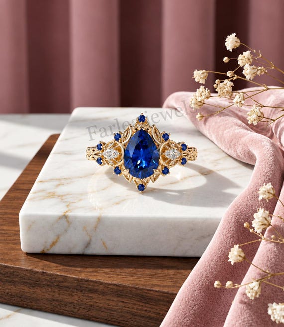 Vintage Pear Cut Blue Sapphire Engagement Ring, 14K Gold Filigree Art Deco Pear Cut Ring, Unique Royal Blue Gemstone Promise Ring For Her.