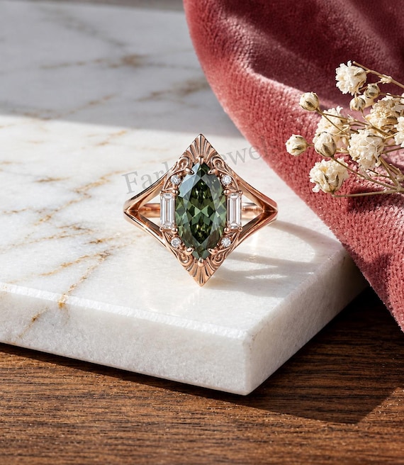 Vintage Marquise Green Tourmaline Ring, Art Deco Rose Gold Engagement Ring, Baguette Diamond Halo Ring, Unique Split Shank Promise Ring.