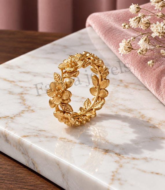 Carved Floral Gold Eternity Ring, Textured Matte Botanical Band, Bridal Gift