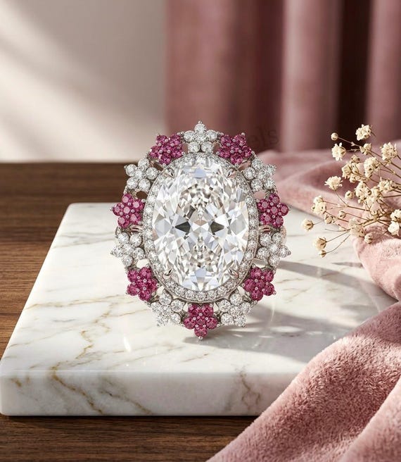 Vintage Oval Moissanite Engagement Ring, Pink Ruby Floral Halo Ring,  Statement Ring, 925 Silver And Solid Gold Anniversary Gift For Her.