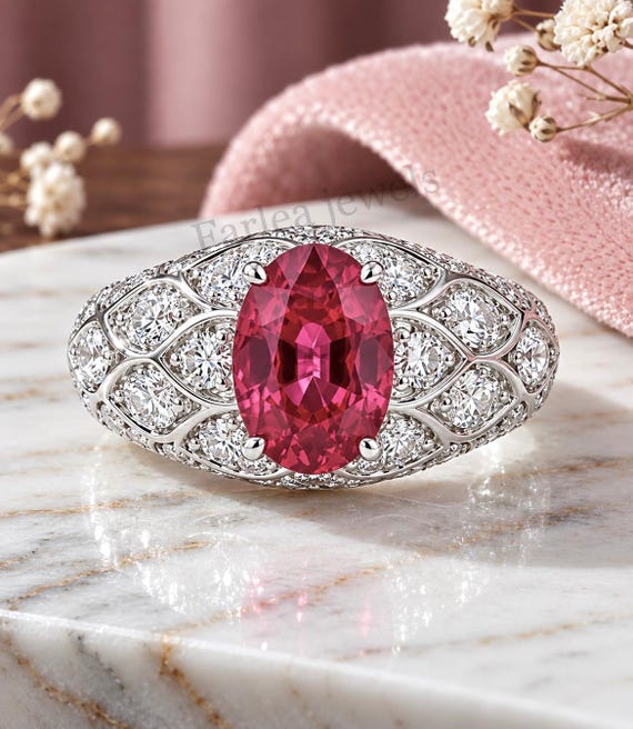 Pink Tourmaline Ring, Oval Cut Pink Stone Ring, Victorian Moissanite Pave Dome Ring, 925 Silver Wedding Band, Anniversary Gift.