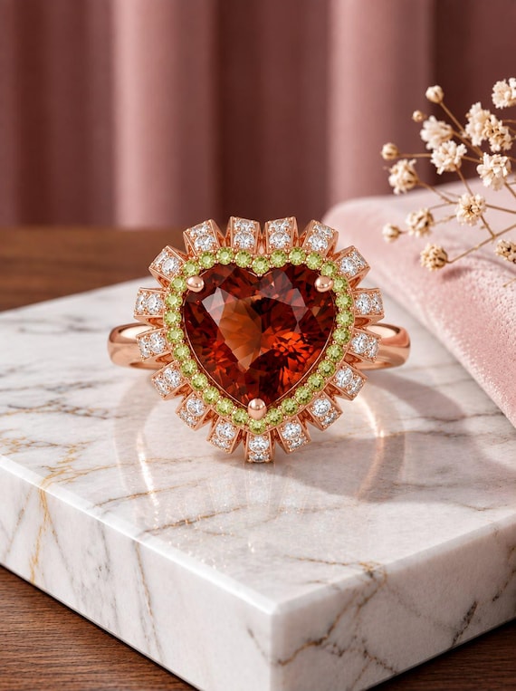 Natural Red Garnet Heart Ring, 14K Rose Gold Halo Statement Ring, Vintage Double Halo Solitaire Ring, Romantic Promise Ring, Gift for Her.