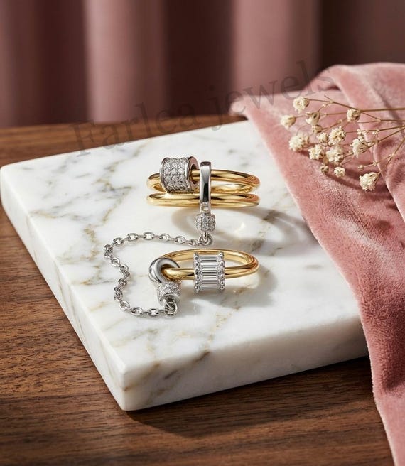 Two-Tone Connected Double Ring, Baguette & Pavé Moissanite Charm, Modern Statement Jewelry