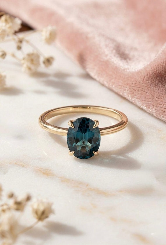 Natural London Blue Topaz Ring, 8x6mm Oval Gemstone, Sterling Silver Gold Tone Band
