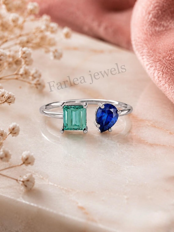 Toi Et Moi Ring, Two Stone Engagement Ring, Emerald Cut Green & Pear Cut Blue Gemstone Ring, Silver Open Cuff Ring, Gift for Her
