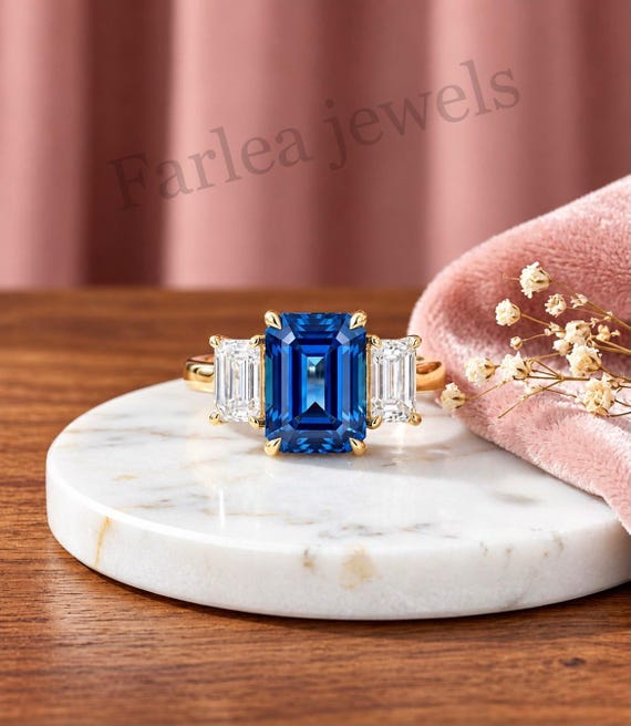 Emerald Cut Blue Sapphire Three-Stone Ring, 14K Yellow Gold, Art Deco Style