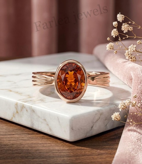 Oval Spessartine Garnet Ring, Rose Gold Bezel Set, Art Deco Ribbed Band