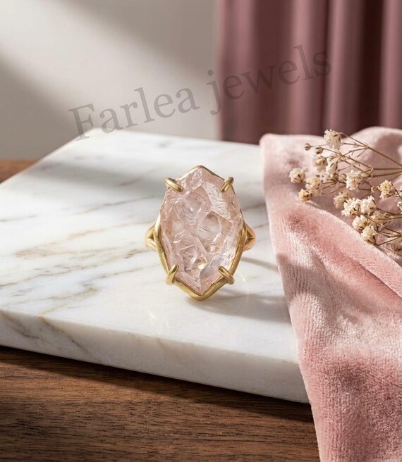 Raw Rose Quartz Ring, Gold Claw Setting, Sterling Silver, Boho Healing Crystal Jewelry