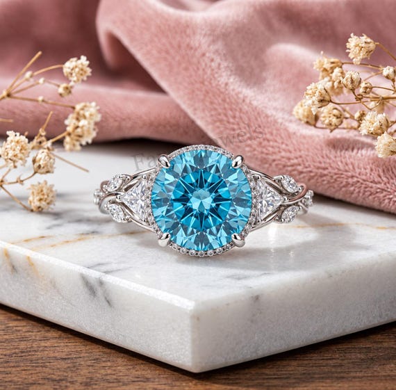 Round Paraiba Tone Tourmaline Ring, Vintage Vine Leaf Wedding Band, Trillion Cut Halo Engagement Ring, Neon Blue Solitaire Ring For Women.