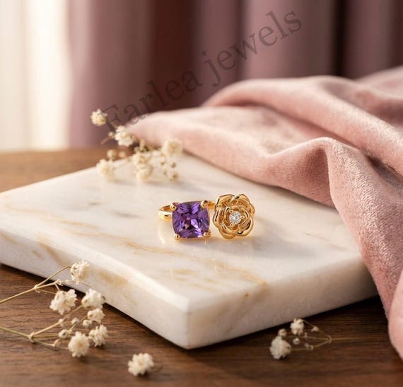 8x8mm Square Cushion Amethyst Ring, Gold Tone Floral Statement Ring for Women