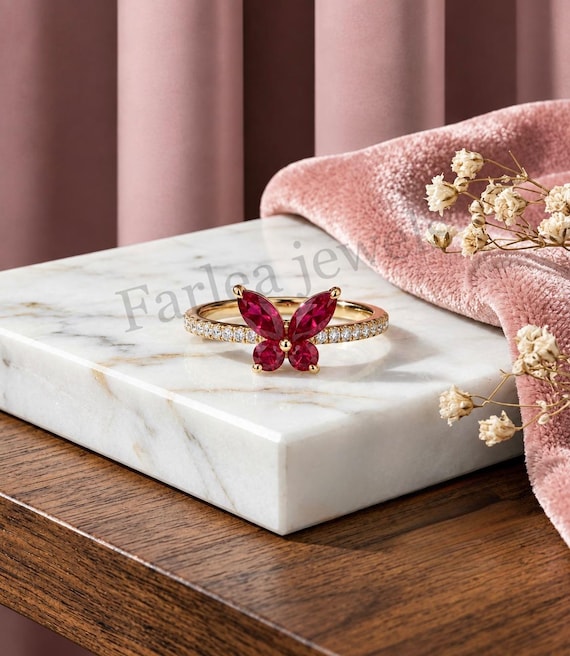 Ruby Butterfly Ring, Marquise Cut, Pave Band, Nature Inspired Jewelry