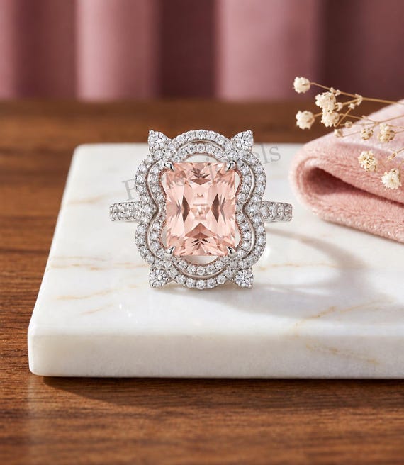 Radiant Cut Morganite Ring, Vintage Double Halo Engagement Ring, Art Deco Peach Gemstone Wedding Ring, 925 Sterling Silver Ring Gift For Her