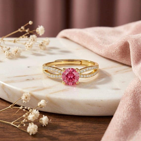 5mm Pink Tourmaline Gold Ring, Sparkle Double Band, Romantic Gift