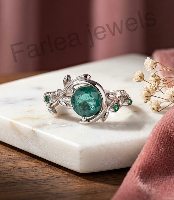Emerald Cabochon Ring, Botanical Vine Design, Silver Tone Statement Jewelry