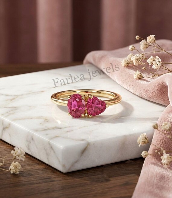 Toi et Moi Pink Sapphire Ring, Two Stone Heart Oval Cut Ring, 14K Solid Gold Engagement Ring, Pink Gemstone Ring, Anniversary Gift for Her.