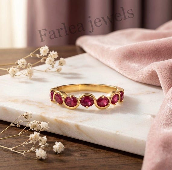 Ruby Gemstone Ring, Gold Tone, Repeating Pattern, Elegant Statement Jewelry
