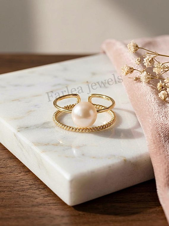 Natural Freshwater Pearl Ring, Double Band Gold Open Cuff Ring, Twisted Rope Pearl Ring, Minimalist June Birthstone Jewelry Gift for Her.