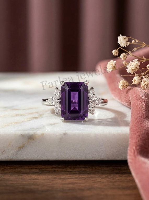 Emerald Cut Amethyst Engagement Ring, Vintage Purple Gemstone Ring, Silver Solitaire Ring with Marquise Accent Stones, Anniversary ring