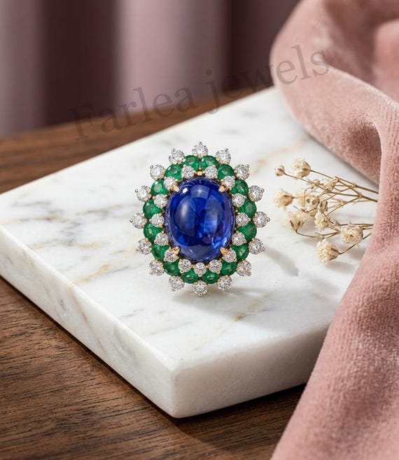 Royal Blue Sapphire Cabochon Ring, Double Halo Emerald Moissanite, Sterling Silver Cocktail Ring