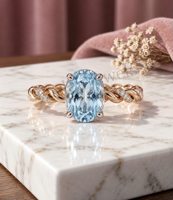 Oval Aquamarine Ring with Moissanite Accents, Twisted Band, Blue Gemstone Jewelry