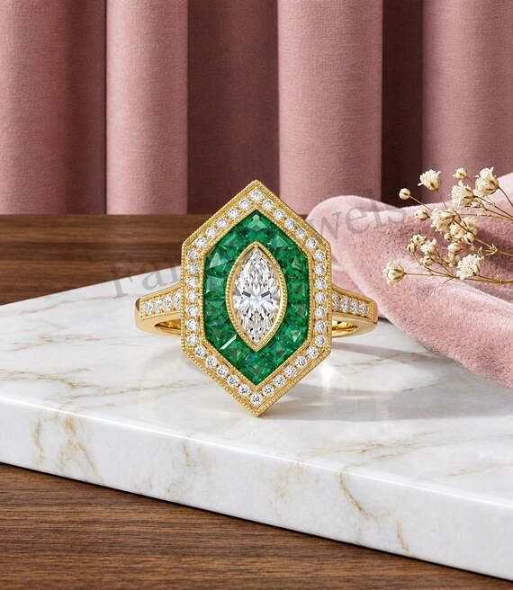 Emerald Moissanite Marquise Cocktail Ring, Gold Vintage Inspired Statement Jewelry