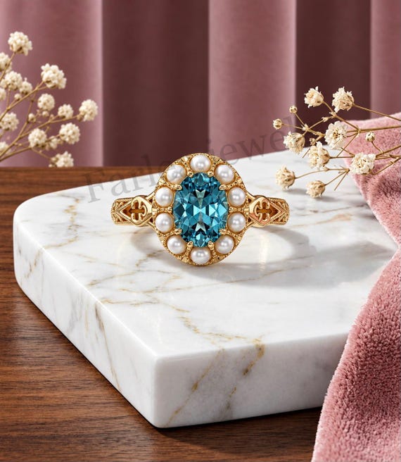 Victorian London Blue Topaz Pearl Ring, Filigree Gold Vermeil, Oval Cut Gemstone