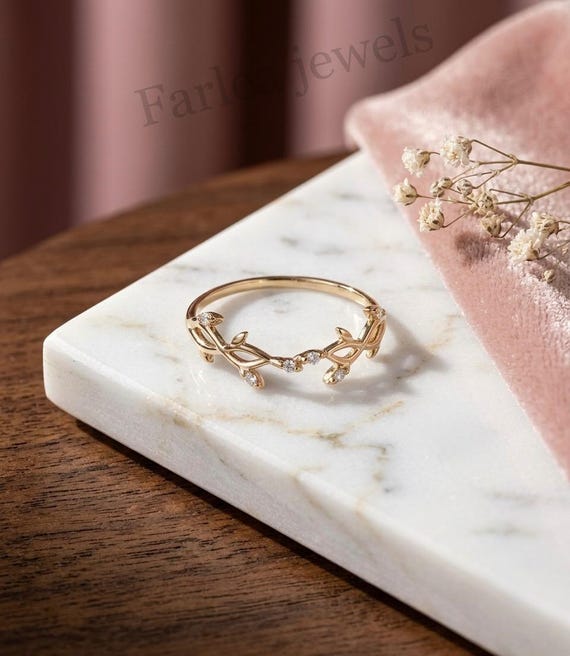 14K Gold Olive Leaf Ring, Dainty Vine Ring, Nature Inspired Diamond Branch Ring, Minimalist Stacking Ring, Promise for Her