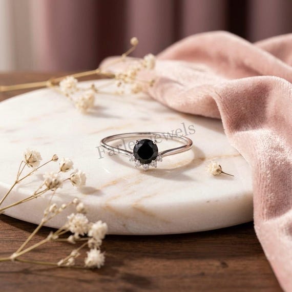 Natural Black Onyx Ring, Sterling Silver Solitaire Engagement Ring, Crown Tiara Halo Ring, Dainty Promise Ring for Women, Gift for Her.