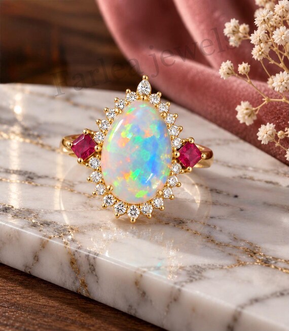 Dreamy Rainbow Opal Ring with Ruby Side Stones, Elegant Multicolor Gemstone Jewelry, Statement Gift