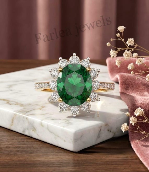 Vintage Oval Emerald Halo Ring, Art Deco Floral Design, Sterling Silver or Gold (9K, 14K, 18K)