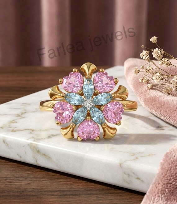 Handcrafted Floral Gemstone Ring, Pink Sapphire Aquamarine Cluster, Yellow Gold Botanical Statement Ring