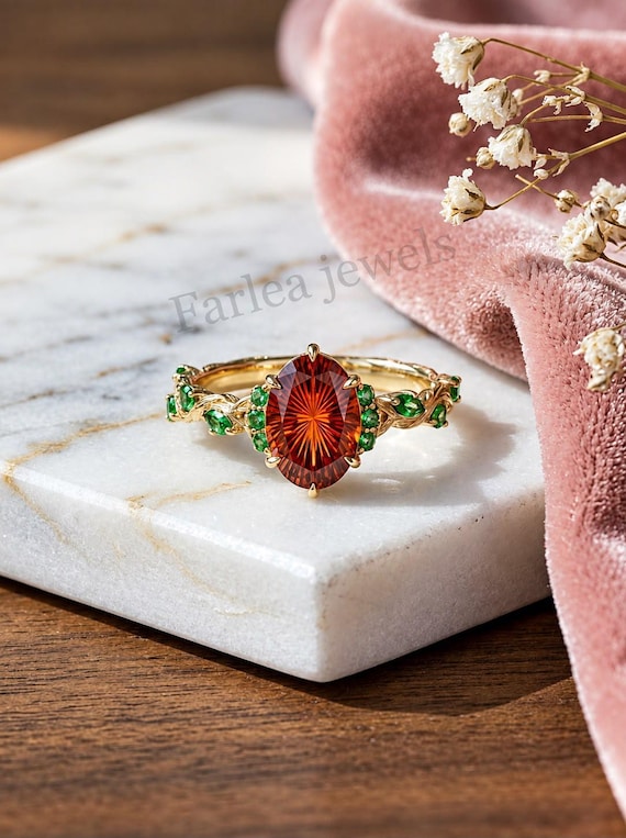 Vintage Oval  Hessonite Garnet Engagement Ring, Unique Nature Inspired Green, Art Deco Gold Promise Ring, Anniversary Gift for Women.